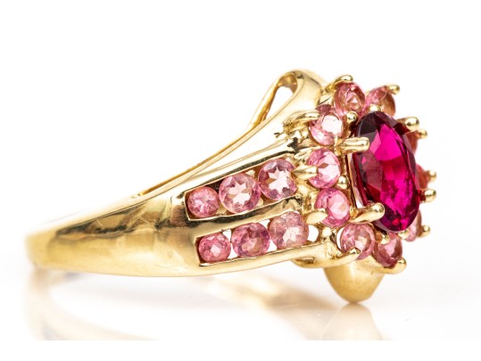 14k Yellow Gold Retry Style Bypass Dark And Light Pink Tourmaline Cluster Ring, Size 6+