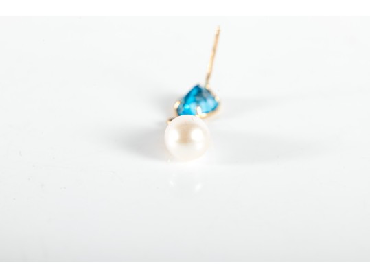 14k Yellow Gold Blue Topaz And Cultured Pearl Dangle Earrings