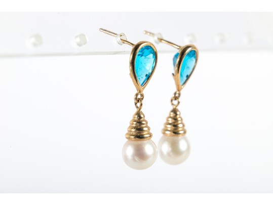 14k Yellow Gold Blue Topaz And Cultured Pearl Dangle Earrings