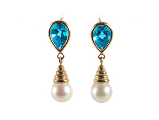14k Yellow Gold Blue Topaz And Cultured Pearl Dangle Earrings