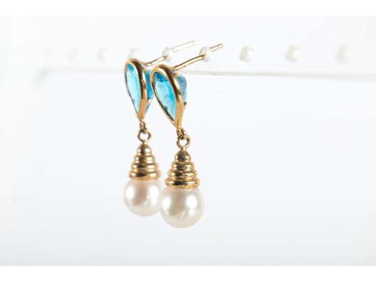 14k Yellow Gold Blue Topaz And Cultured Pearl Dangle Earrings