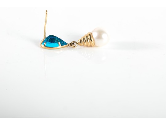 14k Yellow Gold Blue Topaz And Cultured Pearl Dangle Earrings