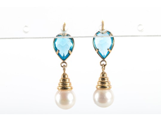 14k Yellow Gold Blue Topaz And Cultured Pearl Dangle Earrings