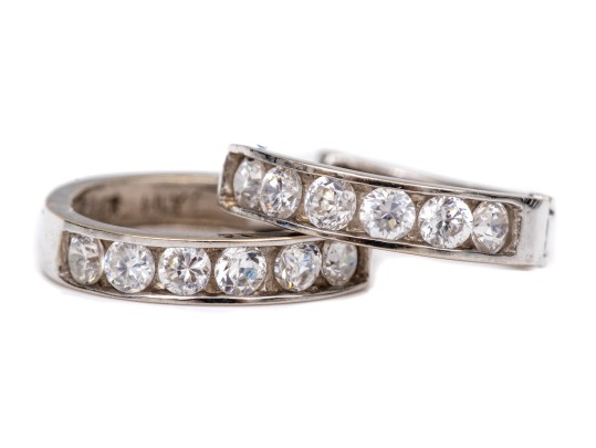 14k White Gold Classic Channel Cz Set Hinged Round Hoop Earrings