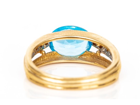 14k Yellow Gold Striking East/west Set Blue Topaz And Diamond Ring, Size 6.75