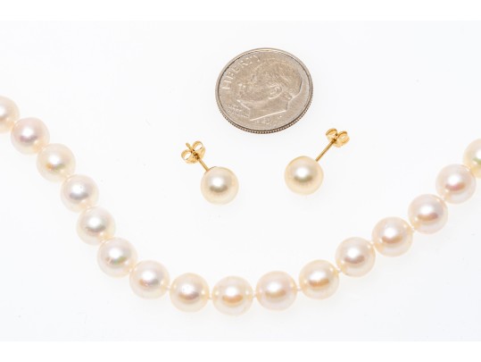 14K Complimentary Pearl Necklace And Stud Earrings