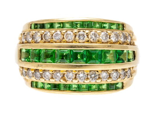 Handsome 14K Channel Set Tsavorite And Diamond Set Ring, Size 9.25