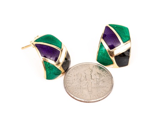 14k Yellow Gold Fun Blue And Green Enamel Tapered Domed Earrings
