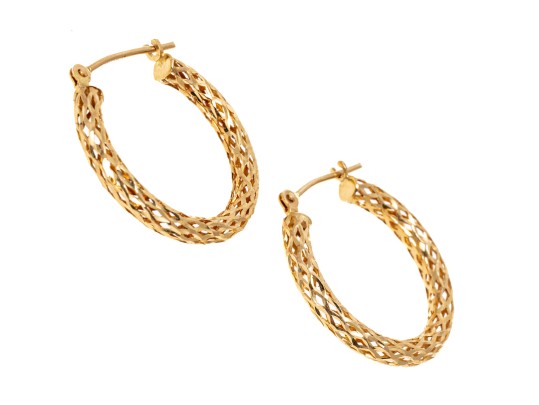 14k Yellow Gold Striking Diamond Cut Patterned Lattice Hoop Earrings