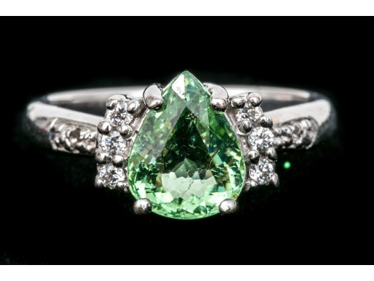 18k White Gold Pretty Seafoam Tourmaline And Diamond Ring, Size 5