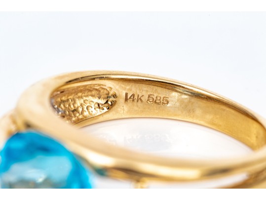 14k Yellow Gold Striking East/west Set Blue Topaz And Diamond Ring, Size 6.75