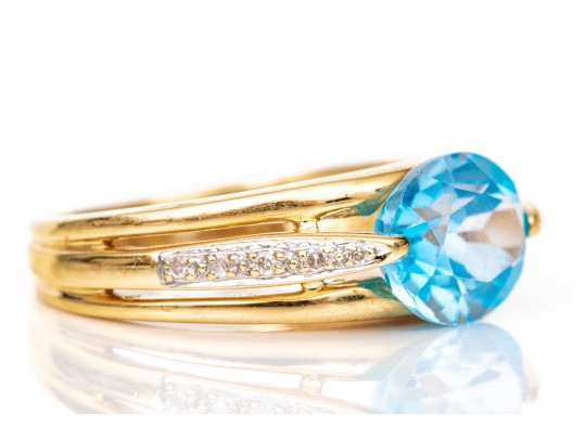 14k Yellow Gold Striking East/west Set Blue Topaz And Diamond Ring, Size 6.75
