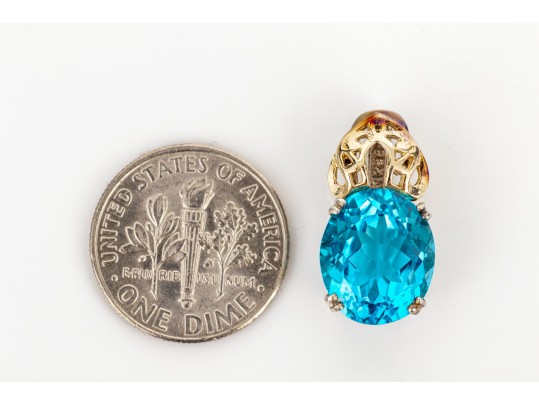 Sterling Silver And 14k Yellow Gold Striking Blue Topaz Pendant, App. 5.63 CTS