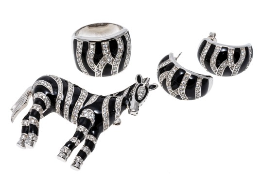 Sterling And Zirconia Zebra Form And Pring Brooch, Earrings And Ring, Ring Size 9.75