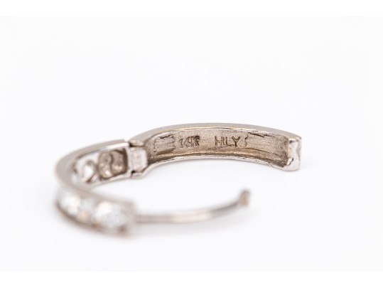 14k White Gold Classic Channel Cz Set Hinged Round Hoop Earrings