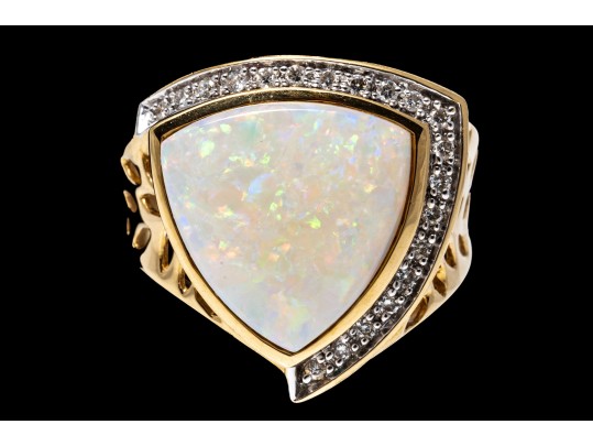 14K Opal And Diamond Contemporary Ring, Size 9.25