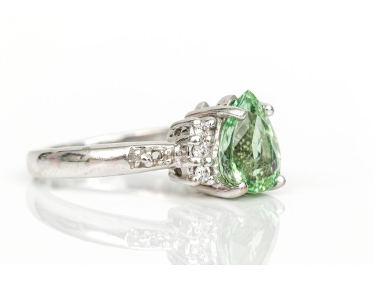 18k White Gold Pretty Seafoam Tourmaline And Diamond Ring, Size 5