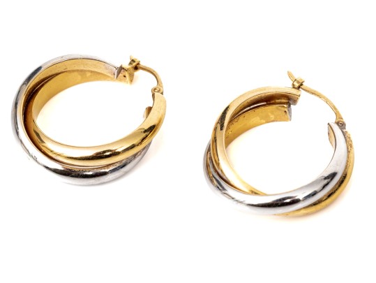 14k White And Yellow Gold Contemporary Intertwined Round Hoop Earrings