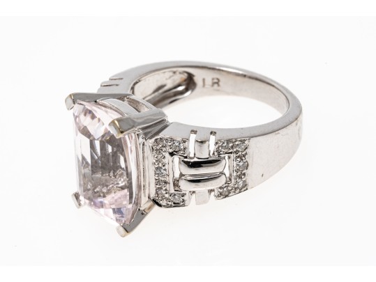14k White Gold Pretty Palest Pink Morganite And Diamond Trimmed Ring, Size 8