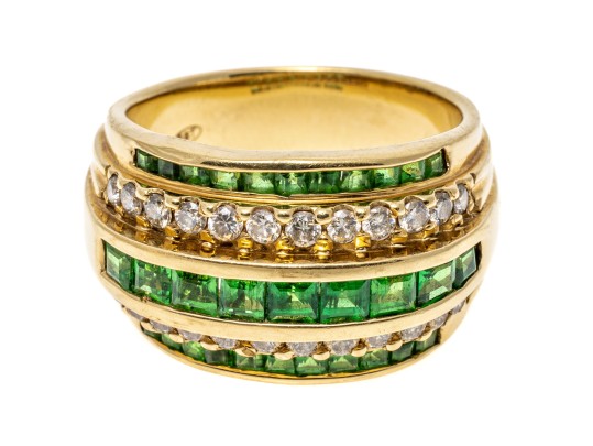 Handsome 14K Channel Set Tsavorite And Diamond Set Ring, Size 9.25