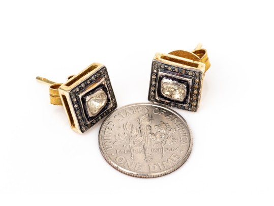 Blackened Sterling Silver Vermeil Gorgeous Macle Cut Diamond Halo Earrings