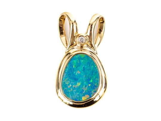 14k Yellow Gold Striking Contemporary Boulder Opal Doublet And Diamond Pendant