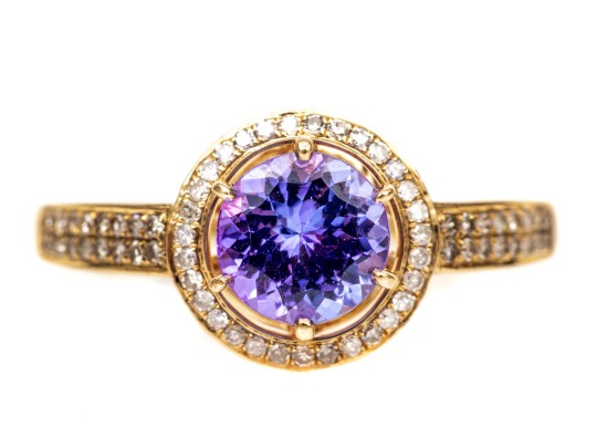 10k Yellow Gold Pretty Tanzaite And Diamond Halo Ring, Size 6.5