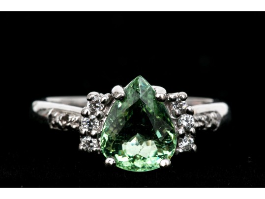 18k White Gold Pretty Seafoam Tourmaline And Diamond Ring, Size 5