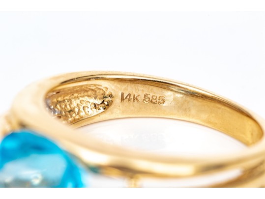 14k Yellow Gold Striking East/west Set Blue Topaz And Diamond Ring, Size 6.75
