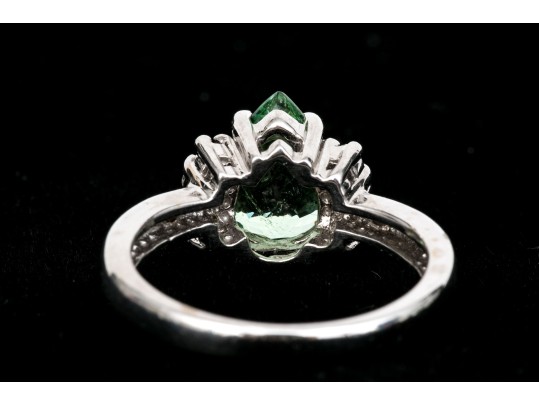 18k White Gold Pretty Seafoam Tourmaline And Diamond Ring, Size 5