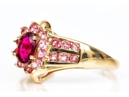 14k Yellow Gold Retry Style Bypass Dark And Light Pink Tourmaline Cluster Ring, Size 6+