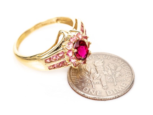14k Yellow Gold Retry Style Bypass Dark And Light Pink Tourmaline Cluster Ring, Size 6+