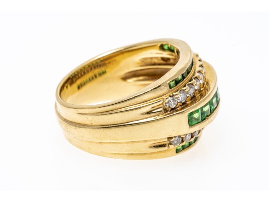 Handsome 14K Channel Set Tsavorite And Diamond Set Ring, Size 9.25