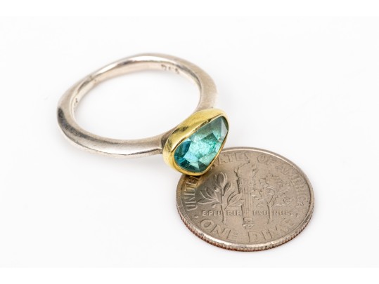Sterling Silver And 18k Striking Bezel Set Blue Topaz Ring, Size 6.25-
