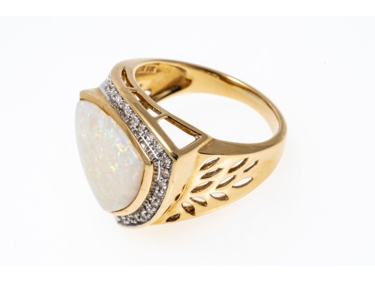 14K Opal And Diamond Contemporary Ring, Size 9.25