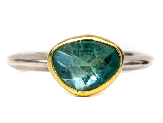 Sterling Silver And 18k Striking Bezel Set Blue Topaz Ring, Size 6.25-