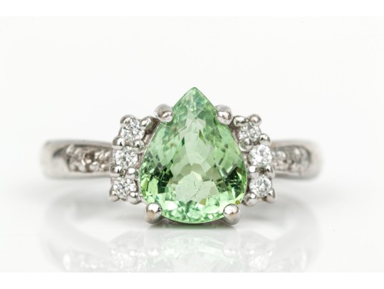 18k White Gold Pretty Seafoam Tourmaline And Diamond Ring, Size 5