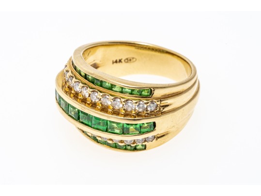 Handsome 14K Channel Set Tsavorite And Diamond Set Ring, Size 9.25