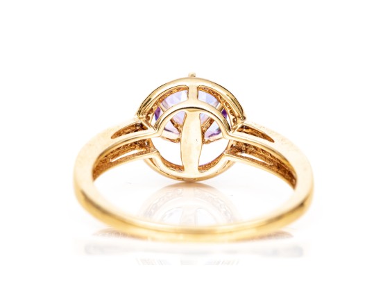 10k Yellow Gold Pretty Tanzaite And Diamond Halo Ring, Size 6.5