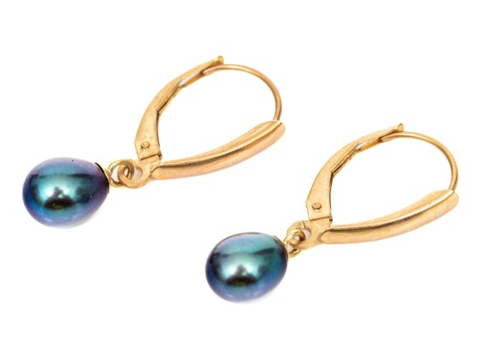 14k Yellow Gold Striking Black Cultured Freshwater Pearl Drop Earrings