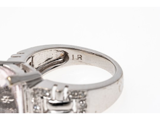 14k White Gold Pretty Palest Pink Morganite And Diamond Trimmed Ring, Size 8