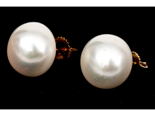 14k Yellow Gold Striking 13mm Cultured Freshwater Pearl Earrings