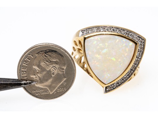 14K Opal And Diamond Contemporary Ring, Size 9.25