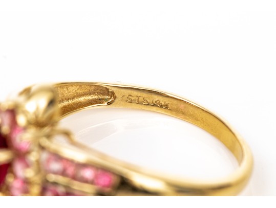 14k Yellow Gold Retry Style Bypass Dark And Light Pink Tourmaline Cluster Ring, Size 6+