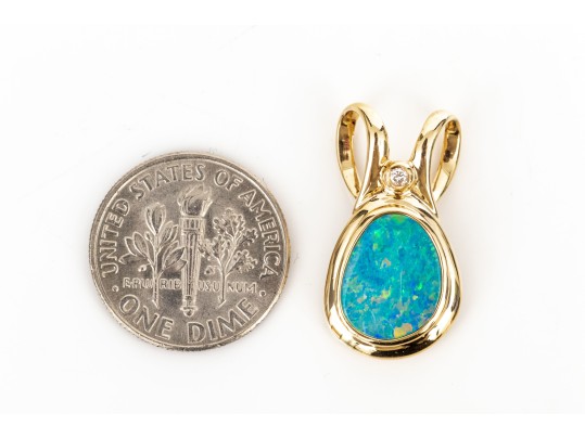 14k Yellow Gold Striking Contemporary Boulder Opal Doublet And Diamond Pendant