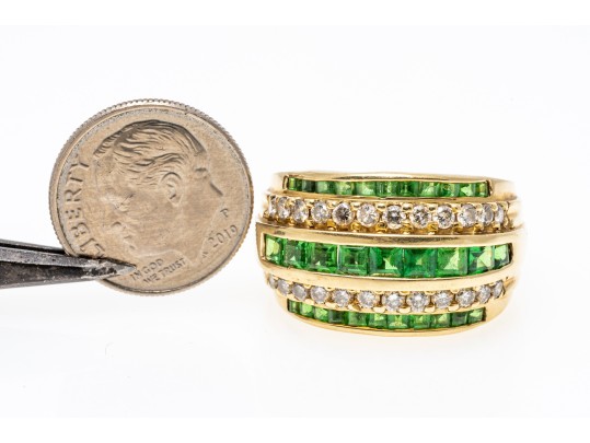 Handsome 14K Channel Set Tsavorite And Diamond Set Ring, Size 9.25