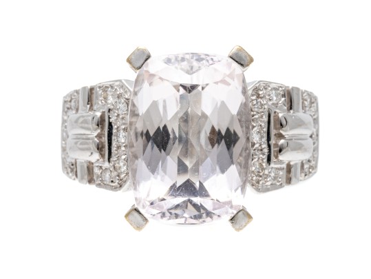 14k White Gold Pretty Palest Pink Morganite And Diamond Trimmed Ring, Size 8