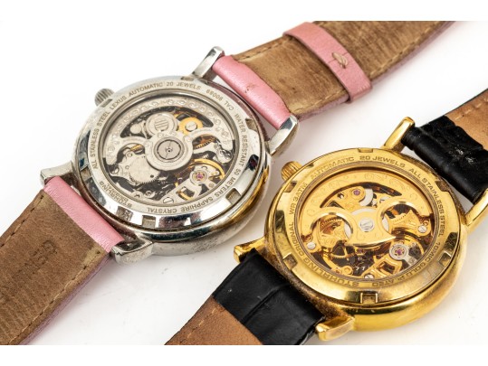 Pair Of Fabulous Fashion Skeleton Automatic Stuhrling Wristwatches, 34mm 
