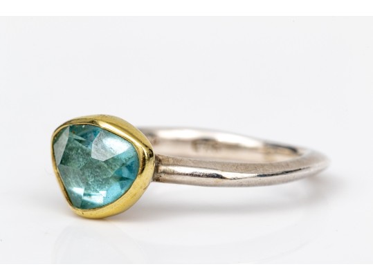 Sterling Silver And 18k Striking Bezel Set Blue Topaz Ring, Size 6.25-
