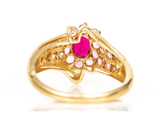 14k Yellow Gold Retry Style Bypass Dark And Light Pink Tourmaline Cluster Ring, Size 6+